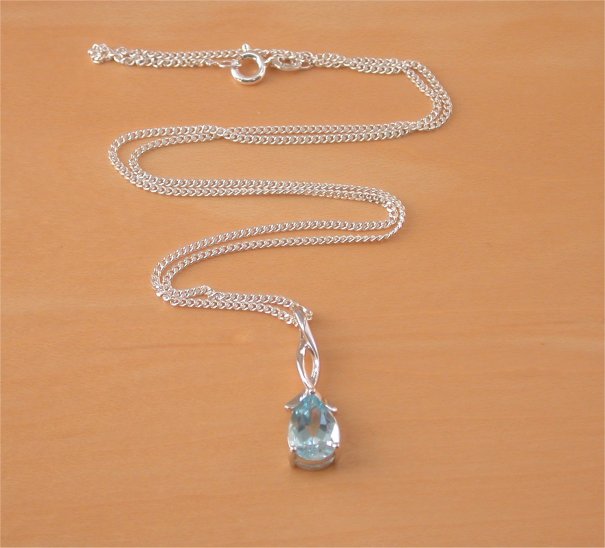 Silver Blue Topaz Necklace 8x6mm Pearshape Claw Set Pendant 18
