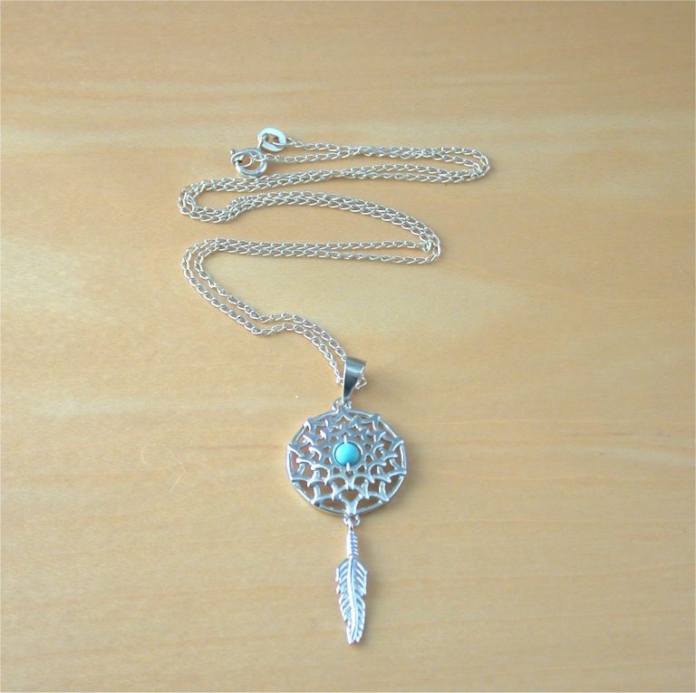 Sterling Silver Dreamcatcher Pendant & Chain -Turquoise Necklace UK