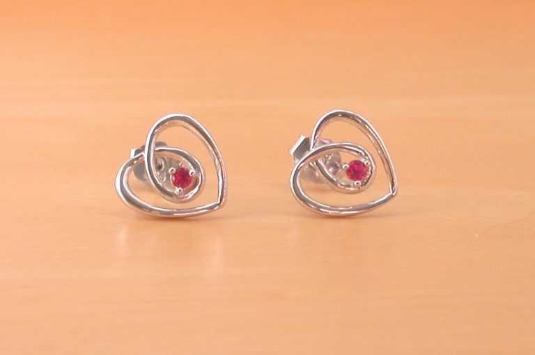 From The Heart Small Matt Silver Ruby Heart Stud Earrings — Handmade Personal Pair