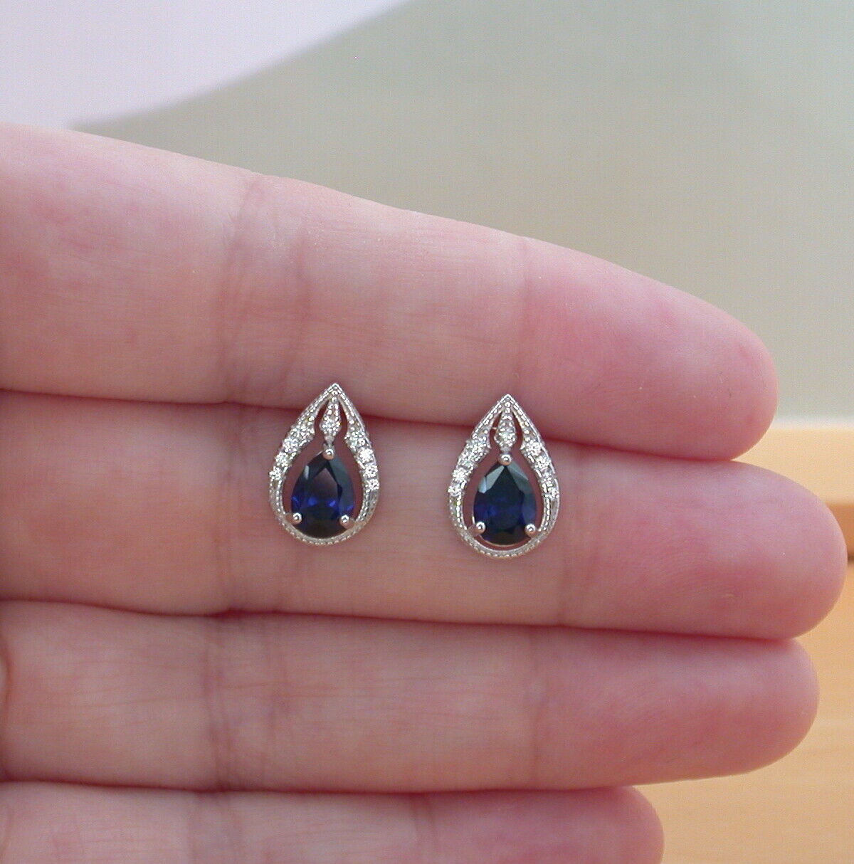 Silver Sapphire & Cz Pear Stud Earrings | Sapphire Jewellery UK