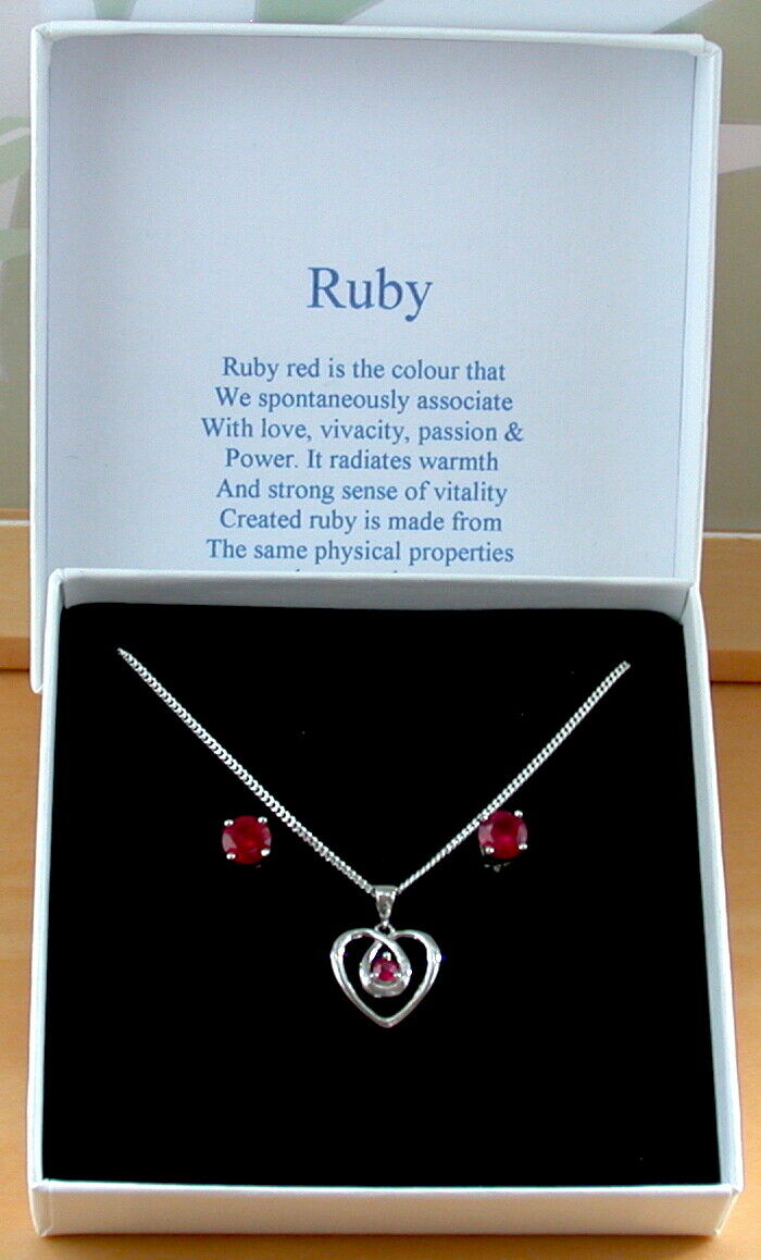Sterling Silver Ruby Heart Necklace and Earrings | Ruby Jewellery | UK