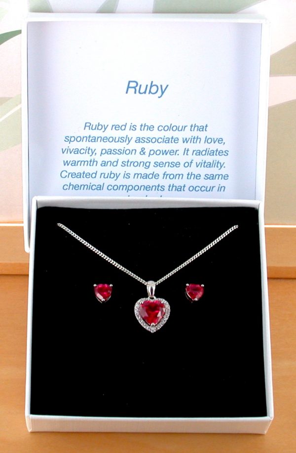 ruby heart necklace and heart earrings