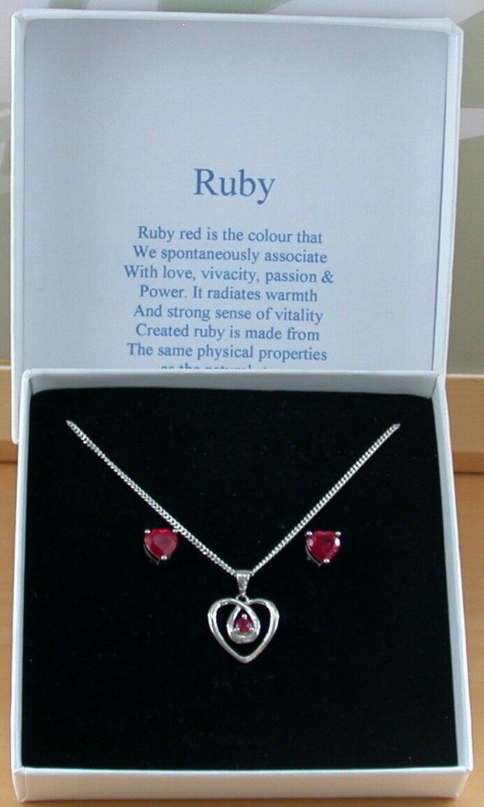Sterling Silver Ruby Heart Necklace and Earrings | Ruby Jewellery | UK