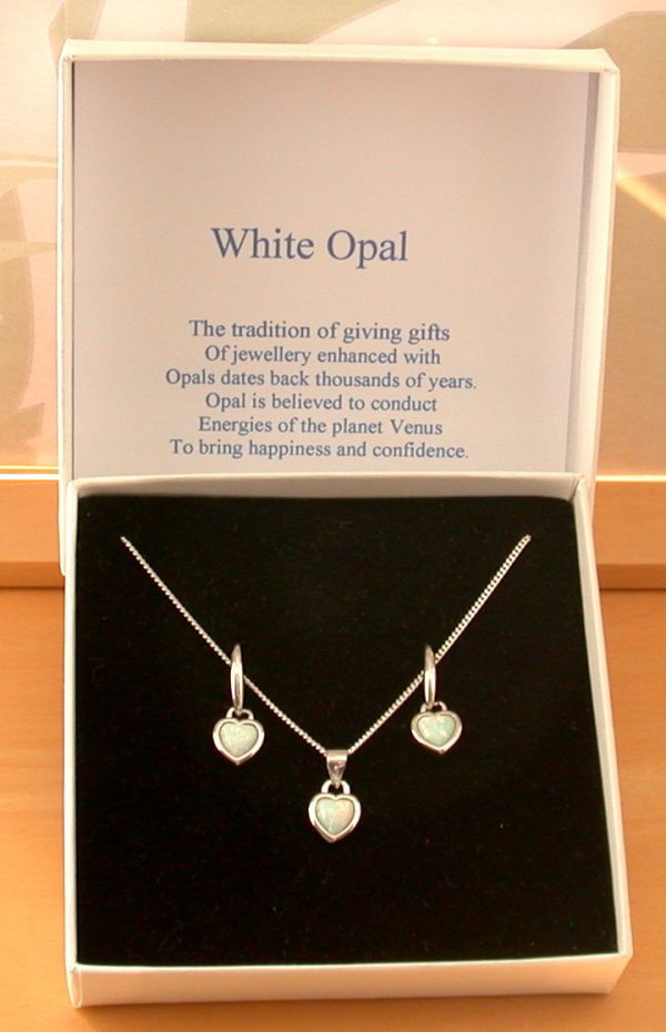 white opal heart necklace and earrings