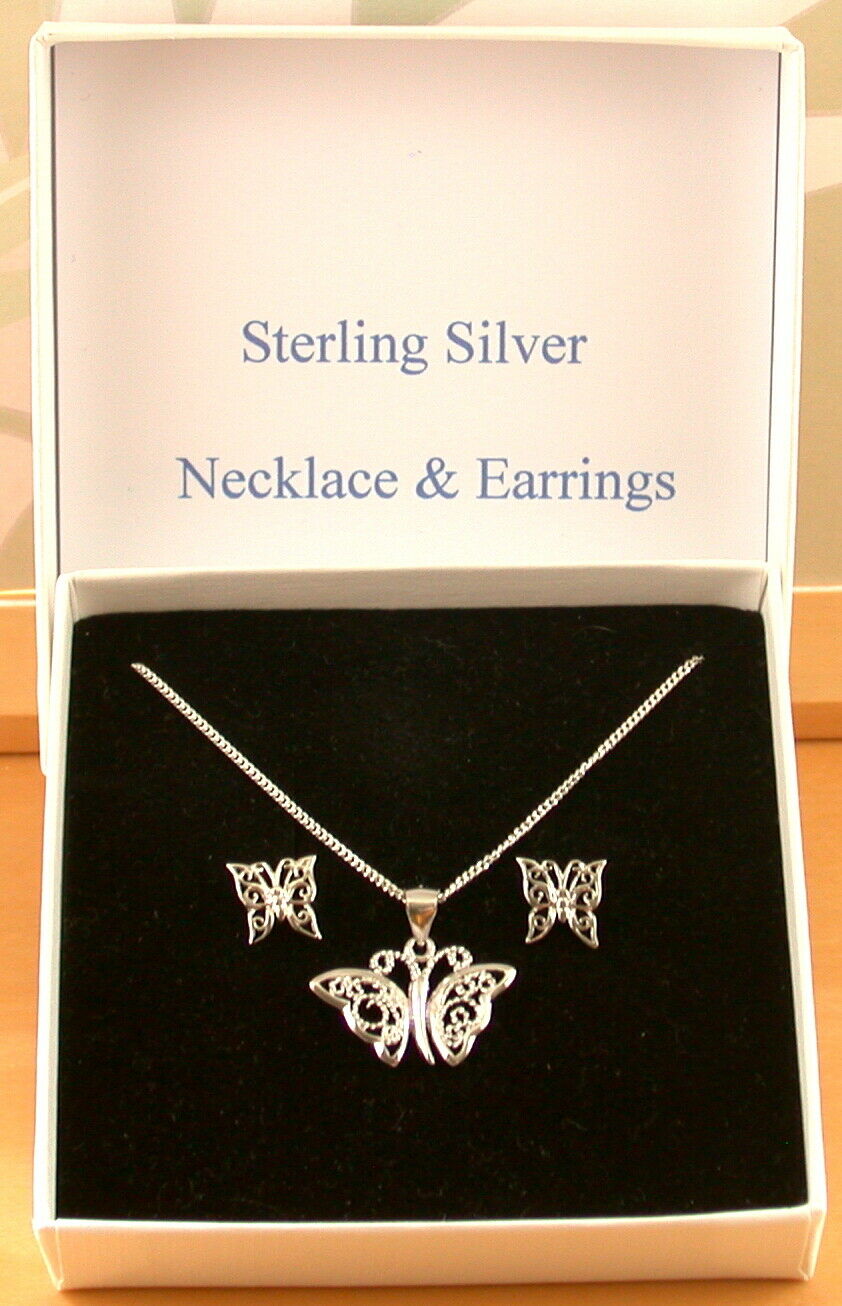 silver butterfly necklace and earrings