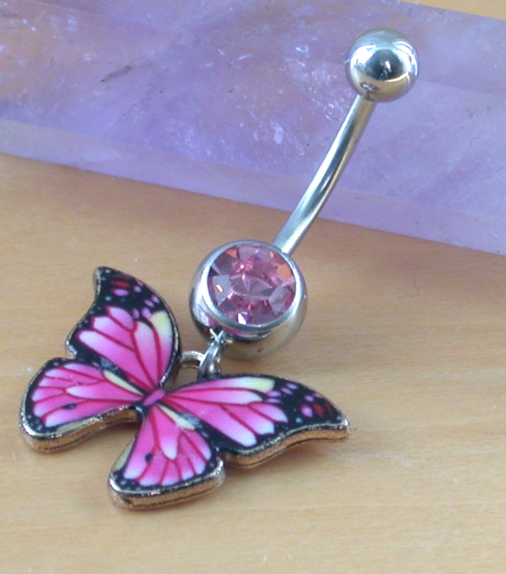 pink butterfly belly bar