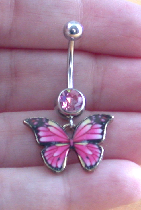 pink butterfly dangle belly bar
