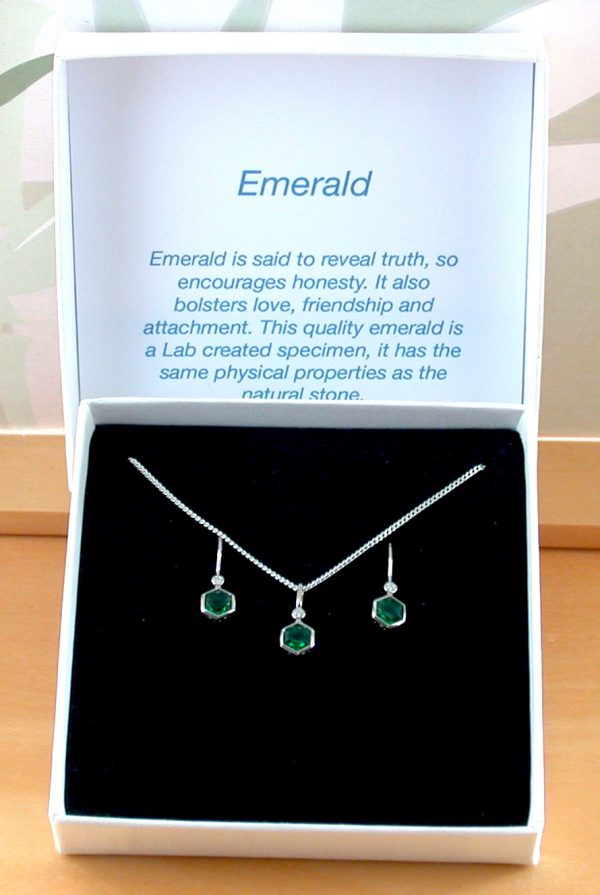 emerald hexagon necklace and earrings