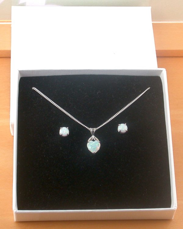 white opal heart necklace and earrings