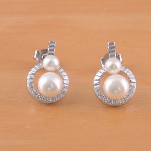 white freshwater pearl & cz button earrings