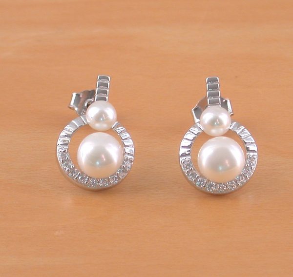 white freshwater pearl & cz button earrings