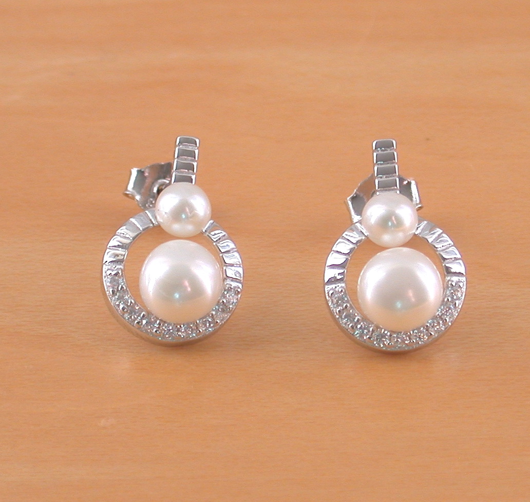 white freshwater pearl & cz button earrings
