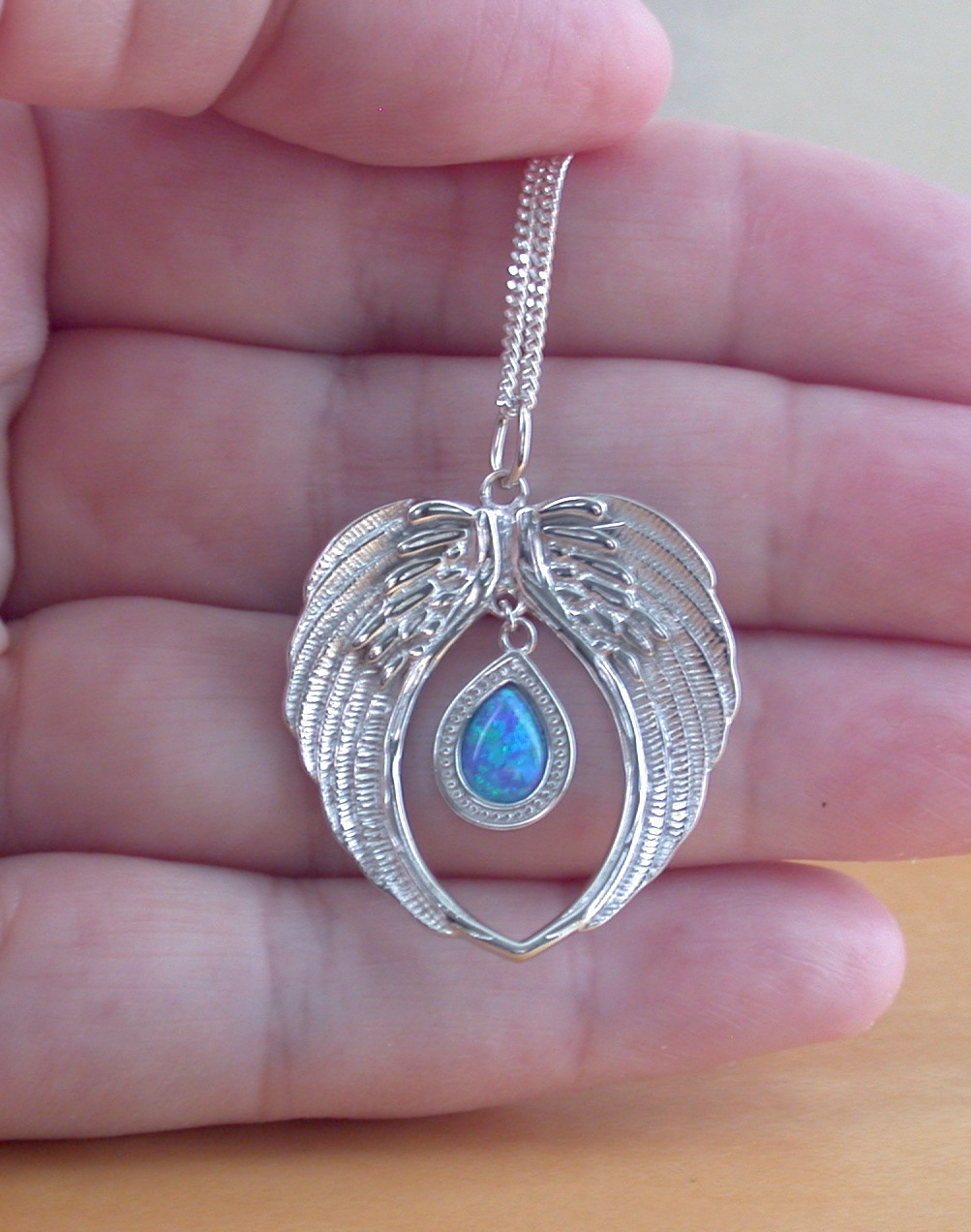 Sterling Silver Blue Opal Angel Wing Necklace & Earrings - Image 5