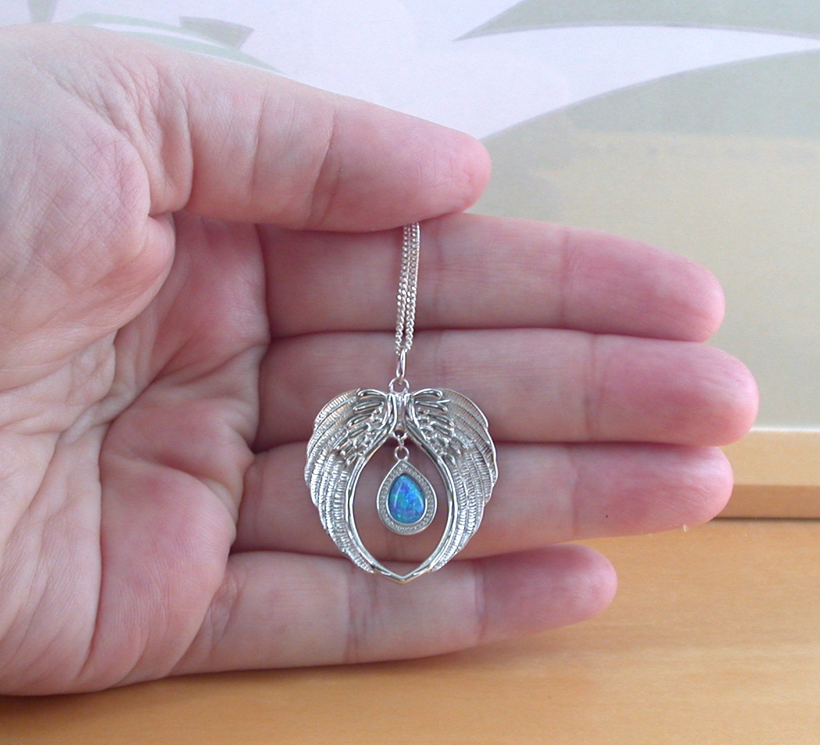 Sterling Silver Blue Opal Angel Wing Necklace & Earrings - Image 6