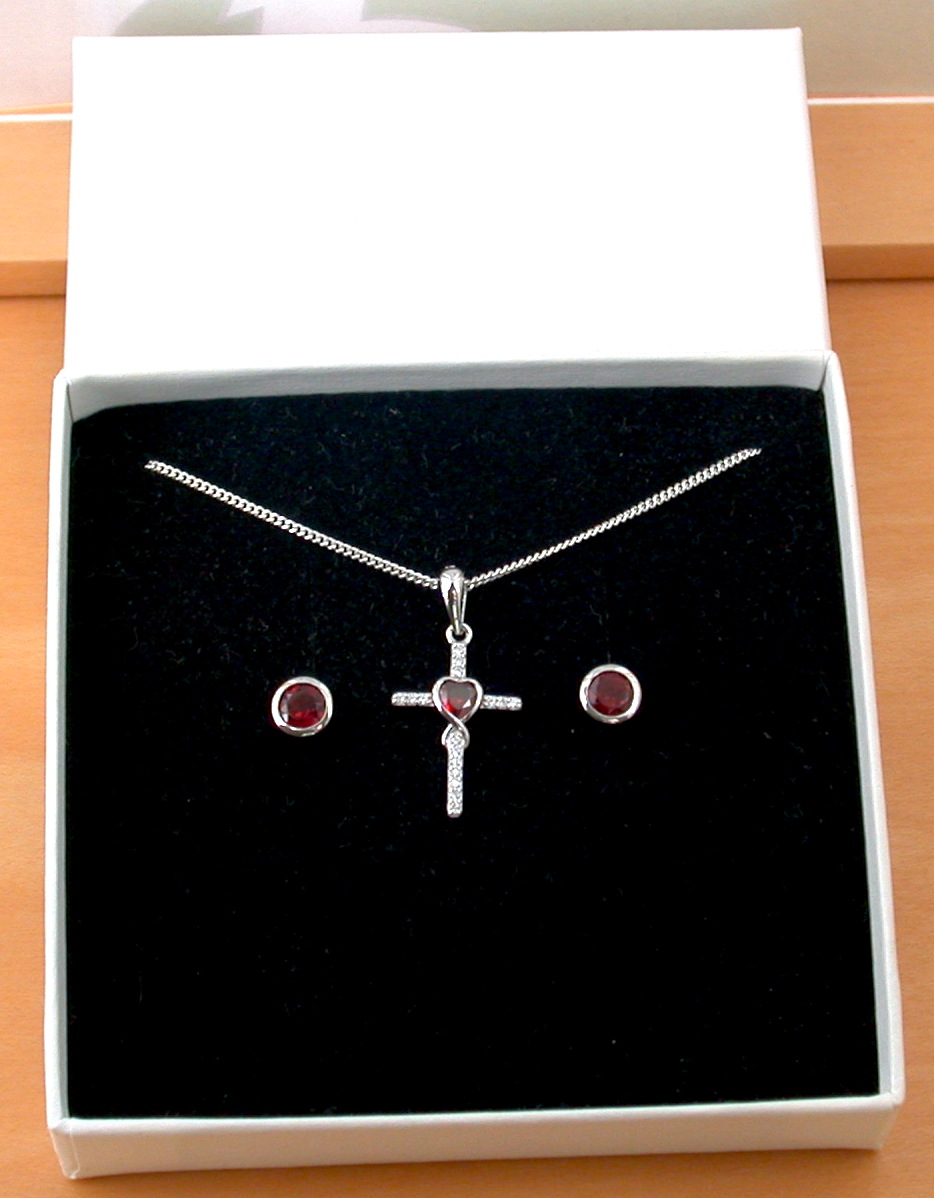 garnet cross necklace and earrings