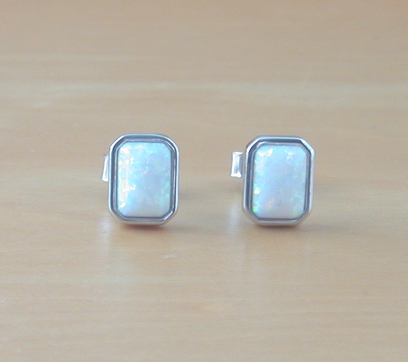 silver opal rectangle earrings