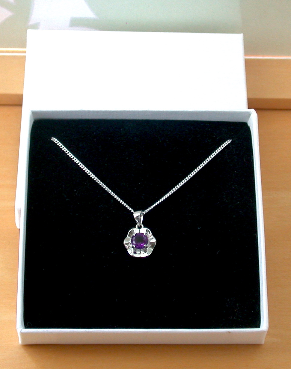 silver amethyst necklace in gift box