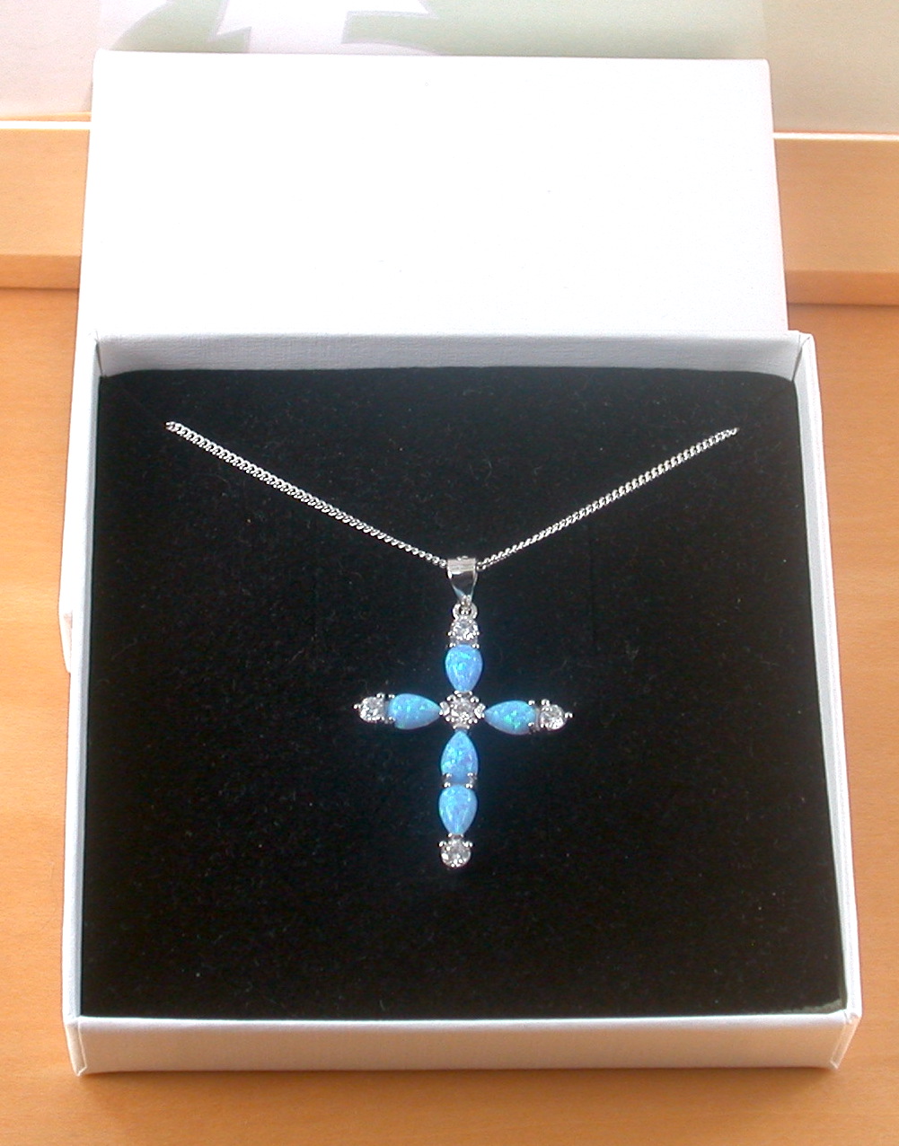 blue opal cross necklace in gift box