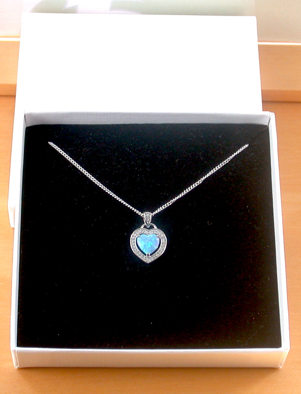 blue opal heart necklace in gift box