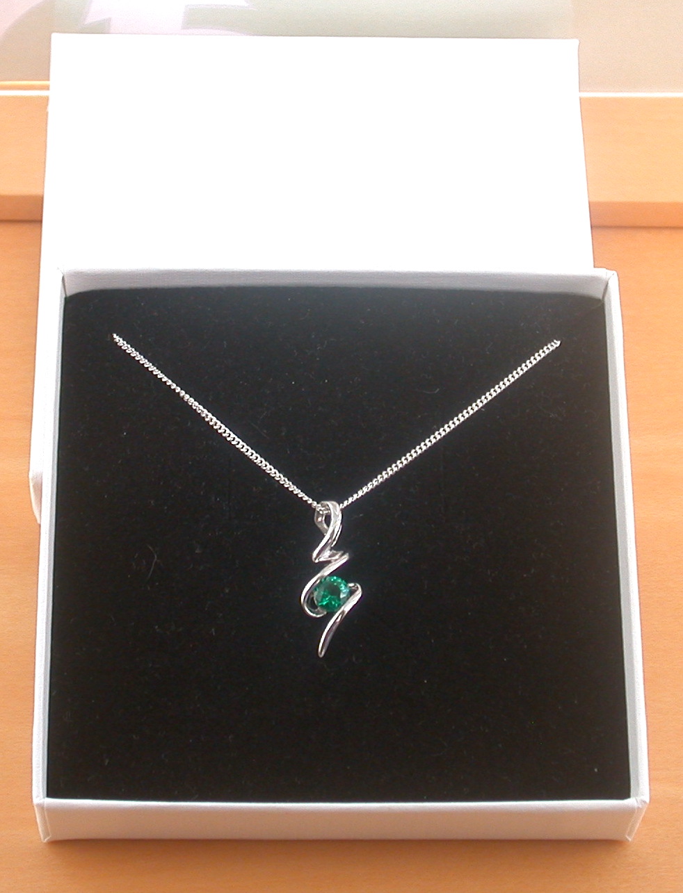 silver emerald necklace in gift box