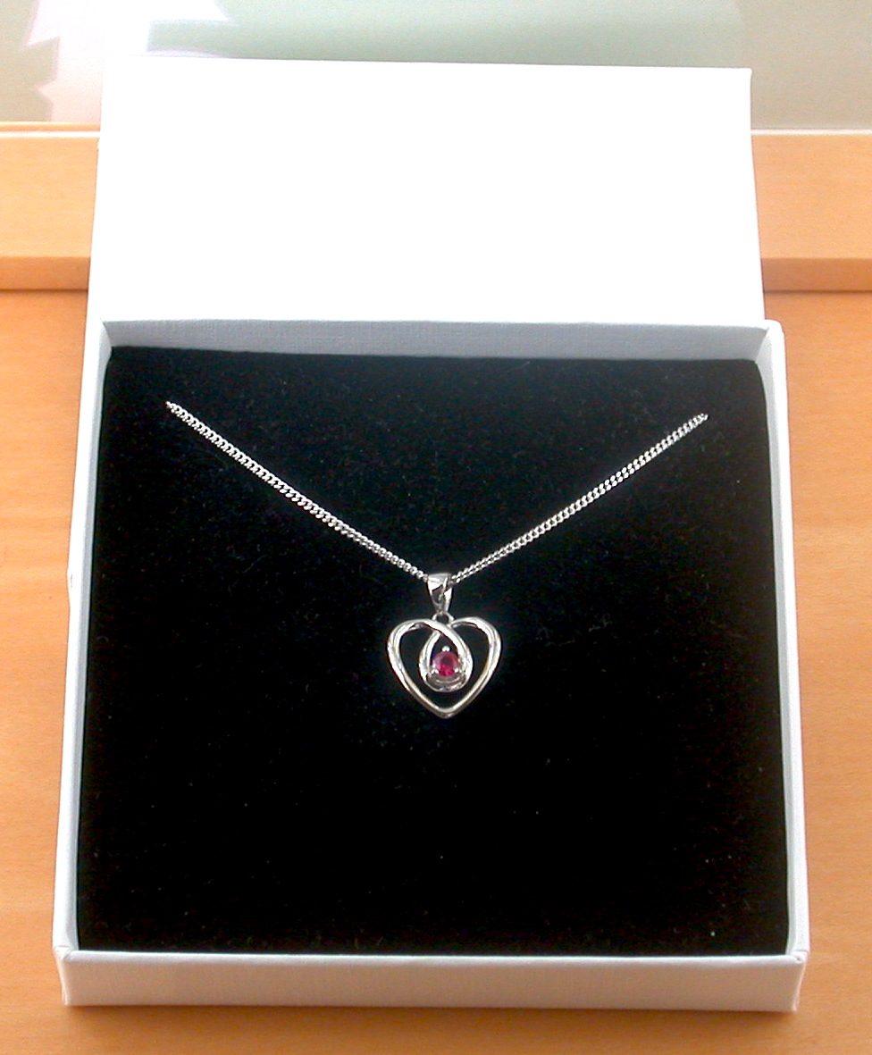 ruby heart necklace in a gift box