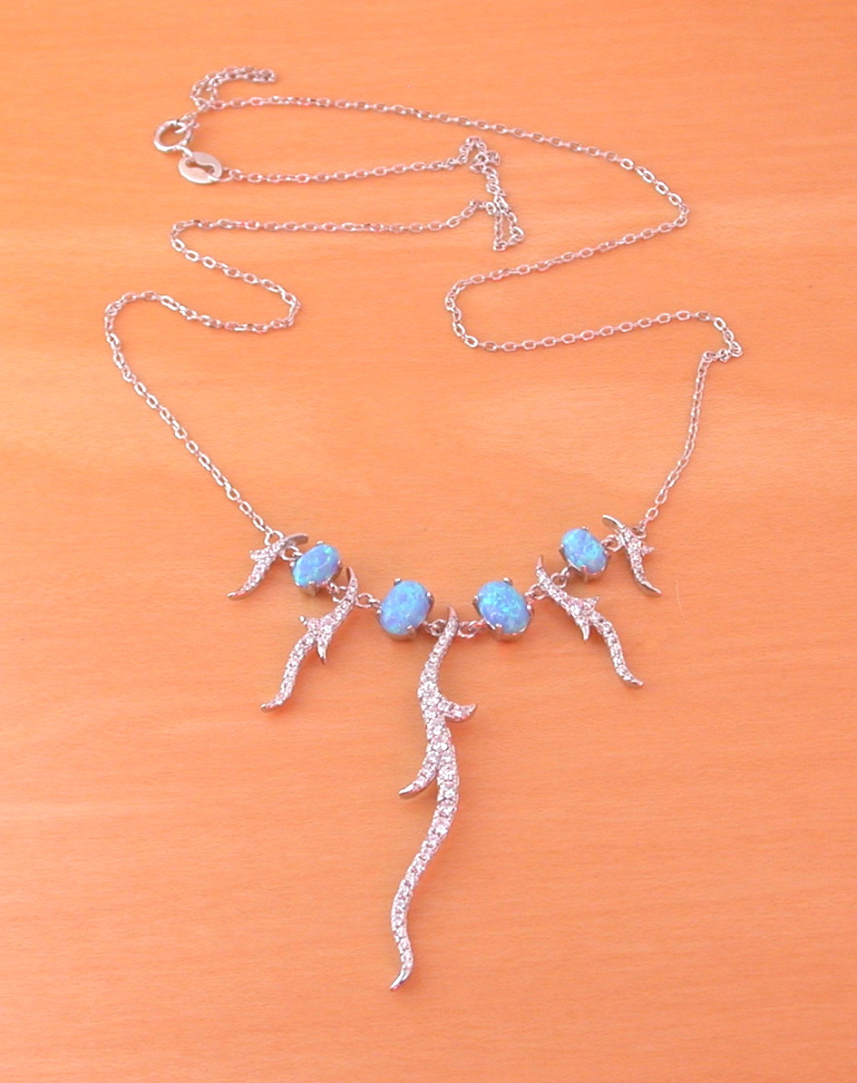 Sterling Silver Blue Opal & Cz Vine Necklace in Gift Box - Image 4