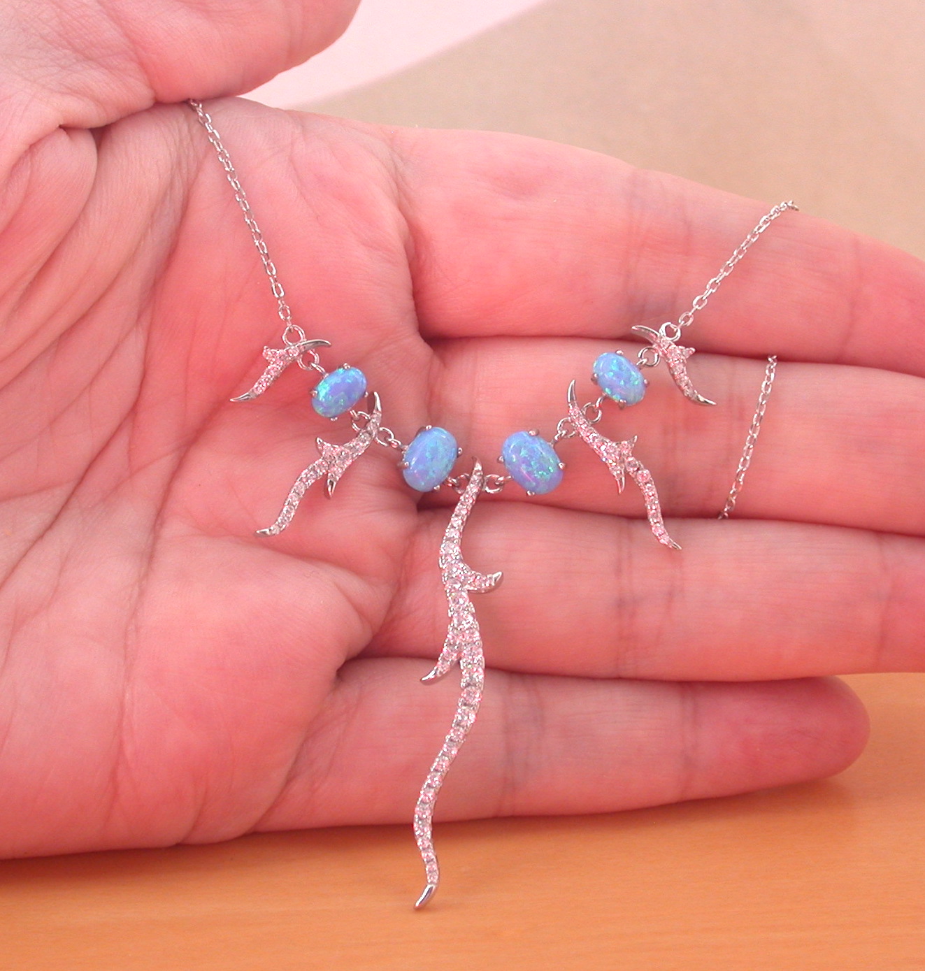 Sterling Silver Blue Opal & Cz Vine Necklace in Gift Box - Image 5