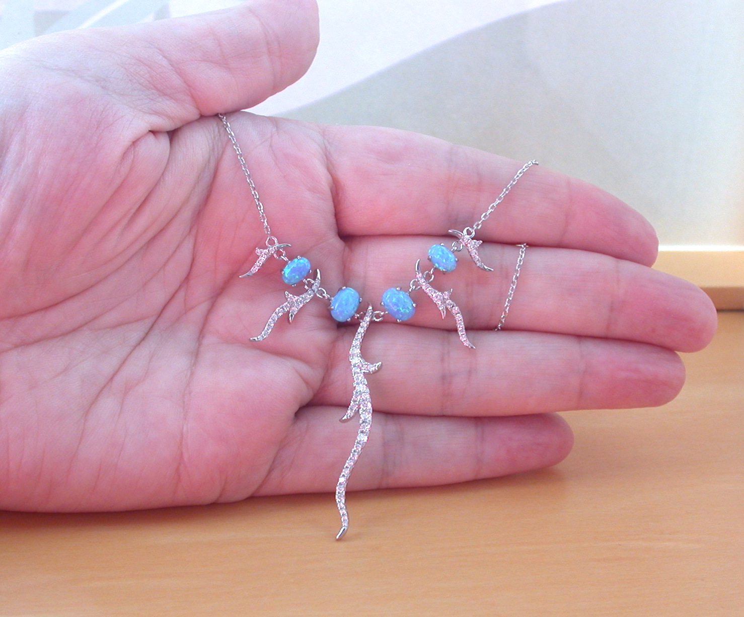Sterling Silver Blue Opal & Cz Vine Necklace in Gift Box - Image 6